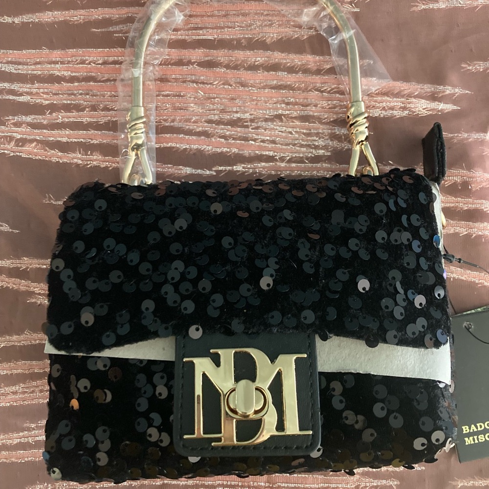 Badgley Mischka Black Sequin Shoulder Bag with Gold Accents
